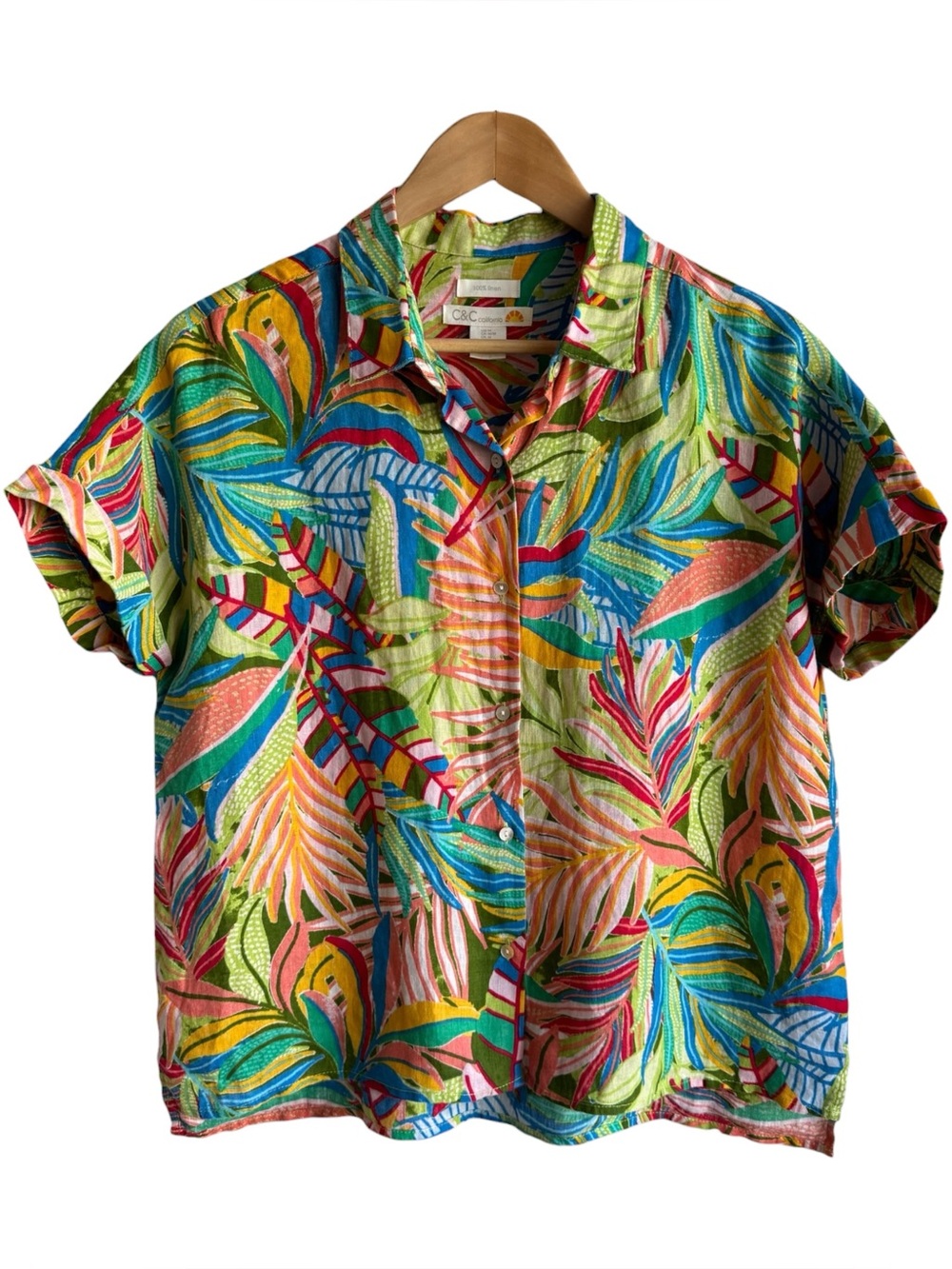 C&C California 100% Linen Tropical Top Sz M Colourful Button Down Short Sleeve